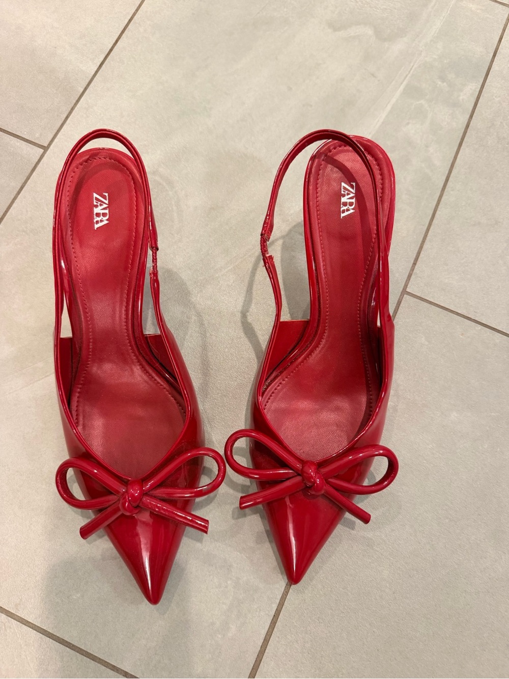 Zara Red Pointed Slingback Pumps with Bow Accent
